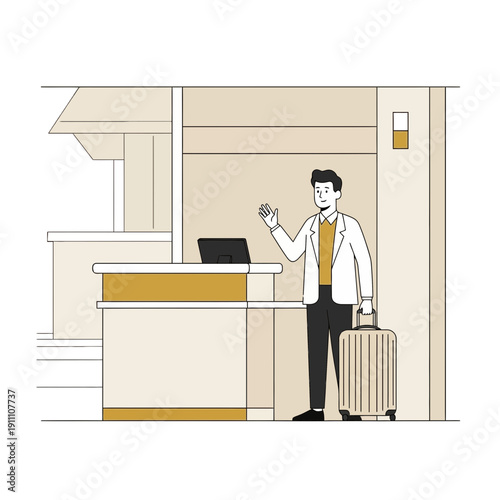 Greeting Guest At Reception Welcoming Traveler With Luggage At Hotel Counter
