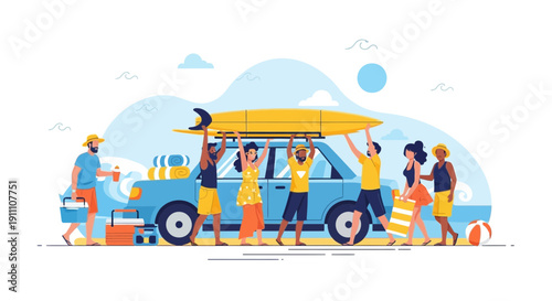 Group Arriving At Beach With Surfboard Loaded On Car