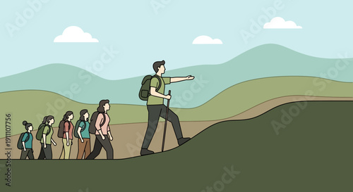 Group Hiking Adventure Through Scenic Mountain Landscape