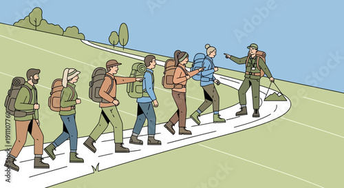 Group Of Backpackers Following A Guide On A Hiking Trail