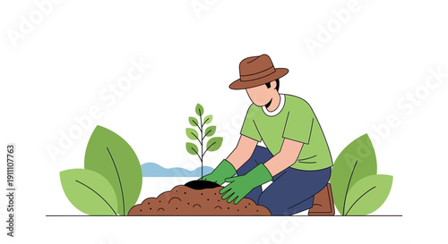 Gardener Planting A Sapling In A Verdant Landscape