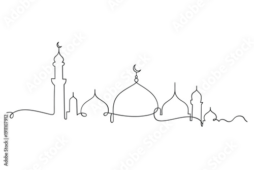 Minimalist one line drawing of a mosque skyline with crescent moons