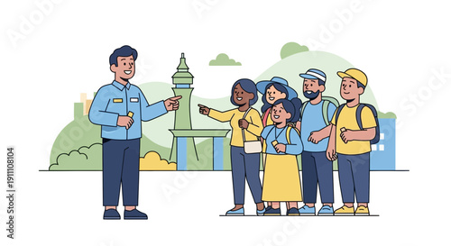 Guided Tour Group Exploring City Landmarks With Friendly Tour Guide Illustration