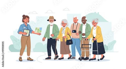 Guided Tour For Seniors Exploring City With A Friendly Tour Guide