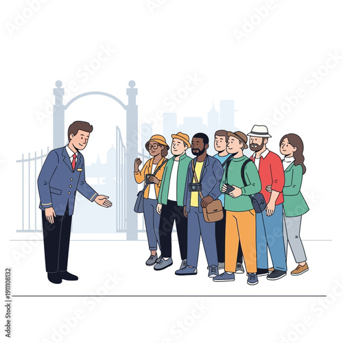 Guided Tour Group Gathering Outside Historic Gateway Welcoming Tourists