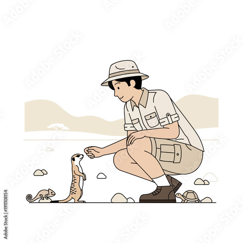 Gentle Zoologist Interacting With Diverse Wildlife Creatures in Natural Habitat Setting