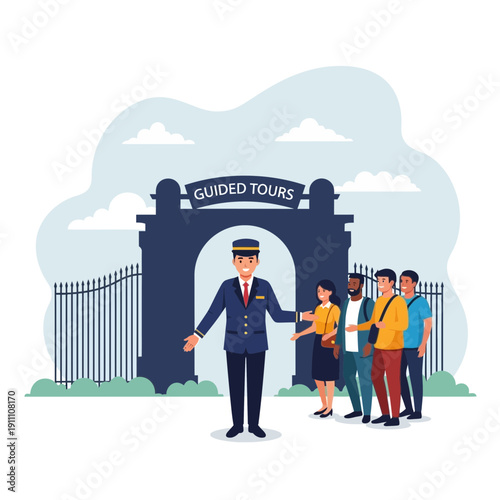 Guided Tour Operator Welcoming Diverse Tourists At Historic Archway Entrance