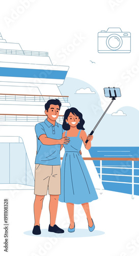 Happy Couple Takes Cruise Selfie On Deck With Large Ship Background