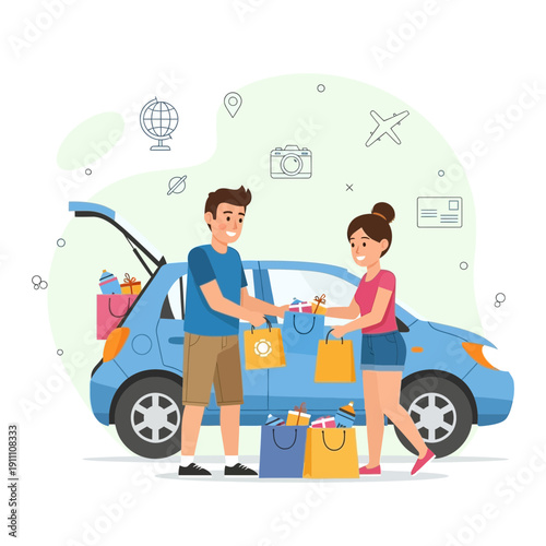 Happy Couple Loading Groceries Into Car For Weekend Getaway Adventure