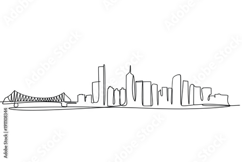 Minimalist line drawing depicts a city skyline with a prominent bridge