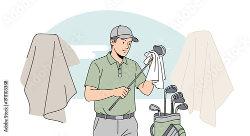 Golf Player Meticulously Cleans Club Head Preparing For A Perfect Shot On The Green