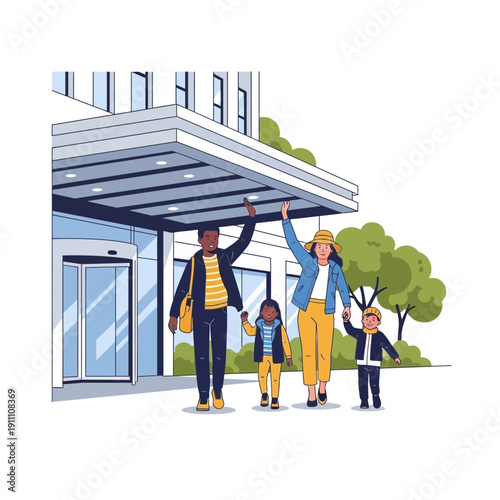 Happy Family Arrives At Modern Hotel Entrance Welcoming Summer Vacation