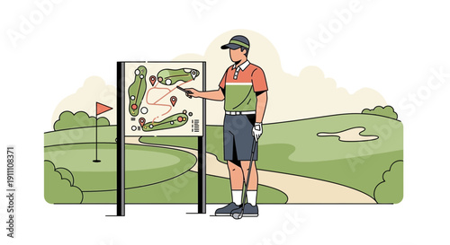 Golf Player Demonstrating Course Strategy On A Map Beside The Fairway