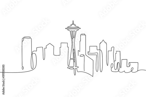 Seattle skyline depicted with a continuous single line drawing style
