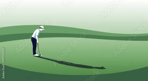 Golf Player Concentrating on a Putt With Long Shadow