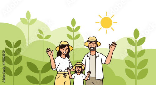 Happy Farming Family Waving Under The Sunny Sky In A Lush Green Field