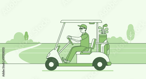 Golfer Drives Cart Through Lush Green Fairway