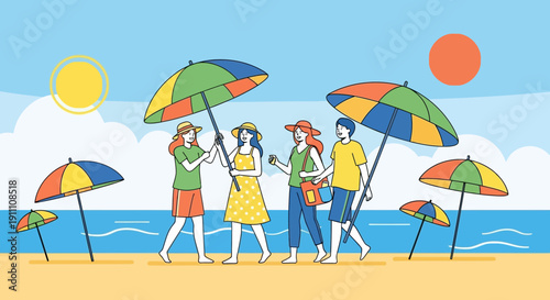 Happy Friends Enjoying Sunny Beach Day Under Colorful Umbrellas Vacation Vibes