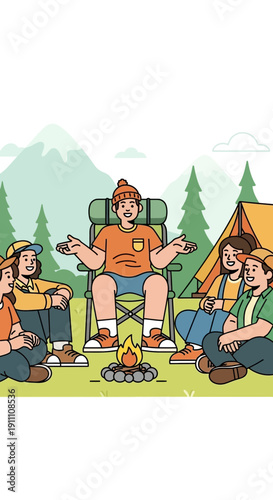 Happy Friends Gathered Around Campfire Sharing Stories In Nature