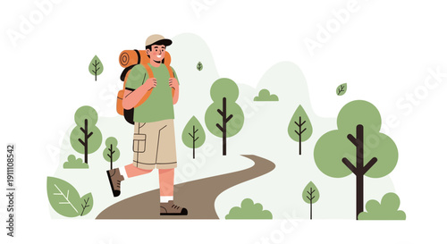 Happy Hiker Trekking Through Scenic Nature Trail With Backpack