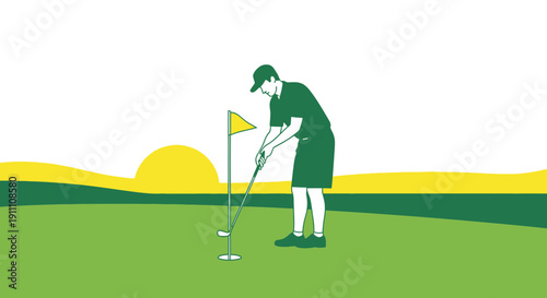 Golfer Putting On Green At Sunrise With Minimalist Style