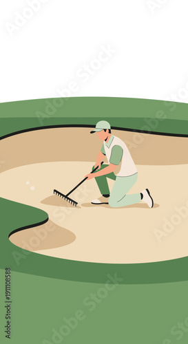 Golfer Raking Sand Trap For Optimal Playing Conditions