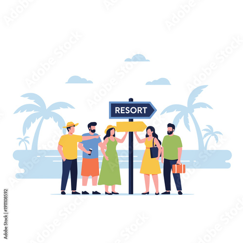 Happy Travelers Gathering Near Resort Sign Amidst Tropical Beach Scenery