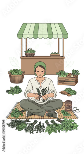 Herbalist Preparing Freshly Harvested Botanicals At A Rustic Market Stall