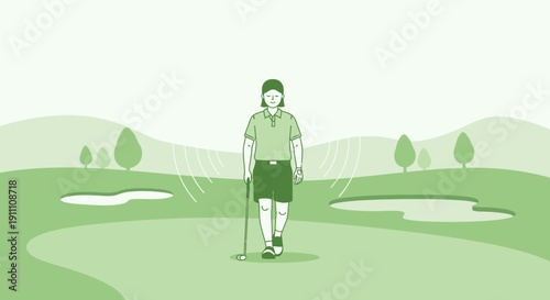Golfer Walking Across Green Fairway Towards Bunker With Golf Course Scenery