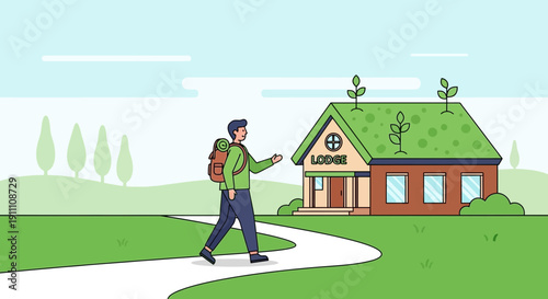 Hiker Approaches Eco-Friendly Lodge Surrounded By Greenery