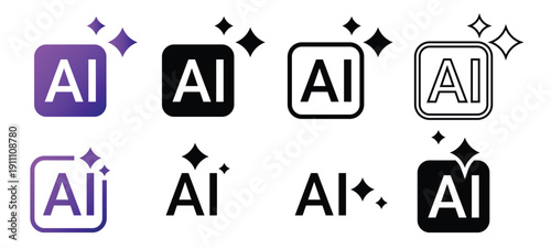 AI Sparkle Icon Set: Artificial Intelligence Magic Symbols and Generative Tech Buttons | Modern Gradient AI Icon with Sparkle Stars for Generative Artificial Intelligence Apps | Minimalist AI Line