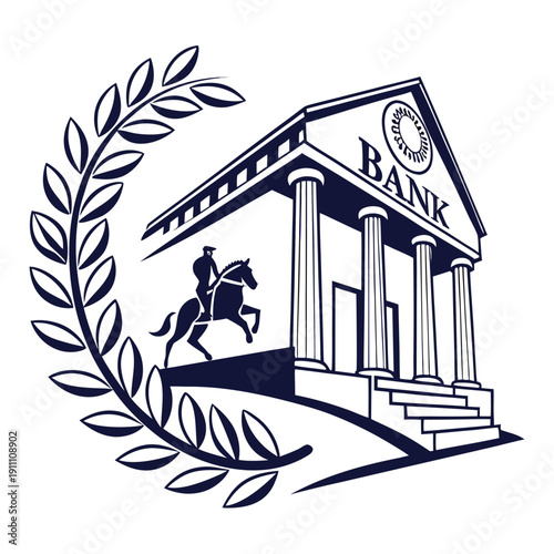 A bank building with a horse and rider on the side Vector
