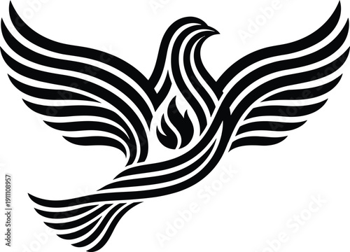 Elegant black and white line art of a flying dove with a sacred flame in its center symbolizing peace freedom and the holy spirit for modern religious logo concepts.
