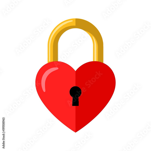 Bright red heart shaped padlock with a glossy golden shackle symbolizing eternal love and commitment on transparent background