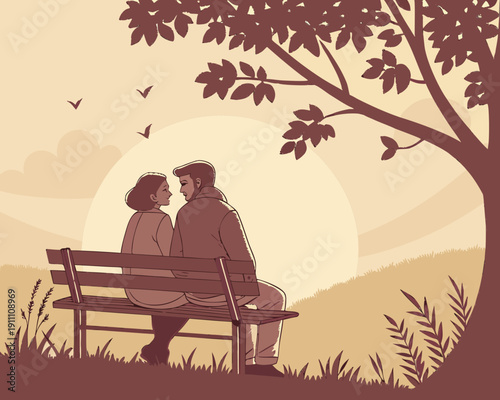 An old couple sitting on a bench under a tree Vector