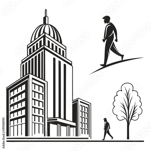 A man walks by a large building with a dome on top and another man walking on a line Vector