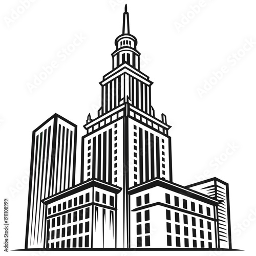 A black and white drawing of a city skyline with tall buildings Vector