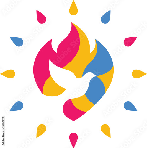 Abstract flying dove inside a bright colorful flame shape with radiating drops symbolizing peace hope and holy spirit for modern spiritual religious design concepts.
