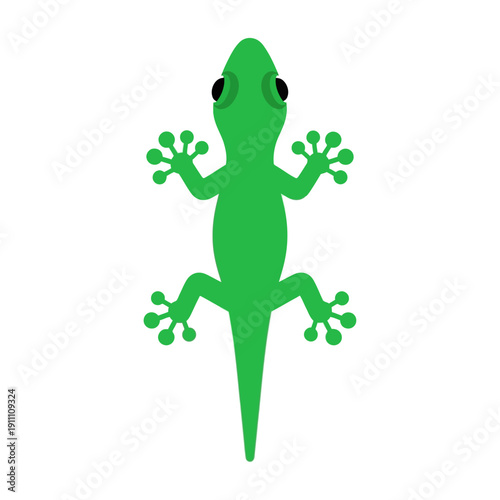 Bright green stylized gecko lizard illustration with large black eyes and splayed toes design on transparent background