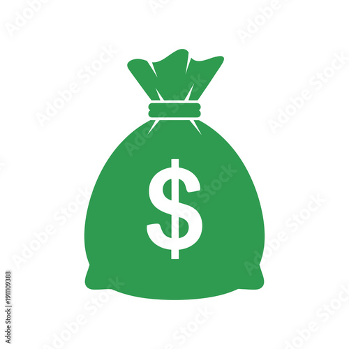 Simple, eye-catching graphic icon representing a green money bag filled with currency and marked prominently with a bold white dollar sign on transparent background