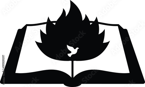 Abstract black silhouette of an open holy bible with burning flames and a flying white dove representing the christian holy spirit for holy pentecost celebration.