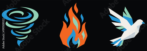 Three colorful stylized symbols of the Christian Holy Spirit featuring a swirling wind tornado burning fire flames and a flying white dove for Pentecost holidays.