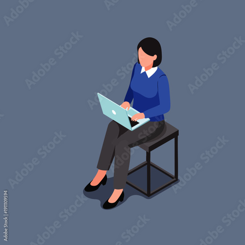 Isometric illustration of a woman sitting on a stool and working on a laptop computer, modern flat design.