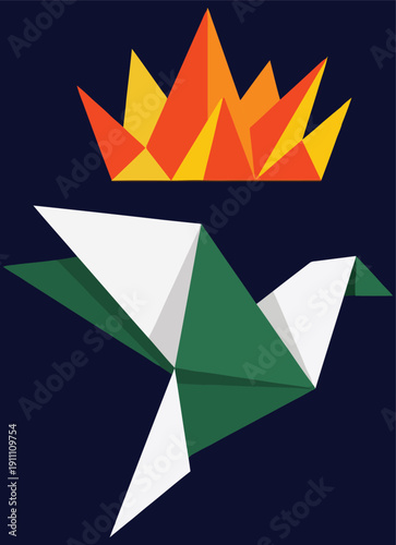 Polygonal origami dove flying beneath a geometric fire crown, symbolizing peace and power, rendered in green, white, orange, and red colors for modern conceptual design.