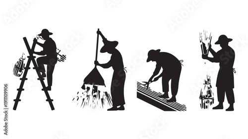 Vector Illustration Of Silhouette Workers Engaged In Construction Activities For Building And Infrastructure Development
