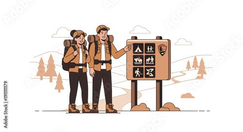 Hikers Consult Park Signage Planning Their Outdoor Adventure Exploration