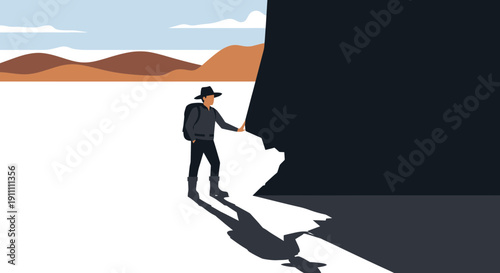 Lone Explorer Confronts Monumental Shadowed Rock Formation