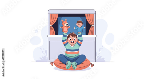 Joyful Child Engaged in Imaginative Puppet Show Performance