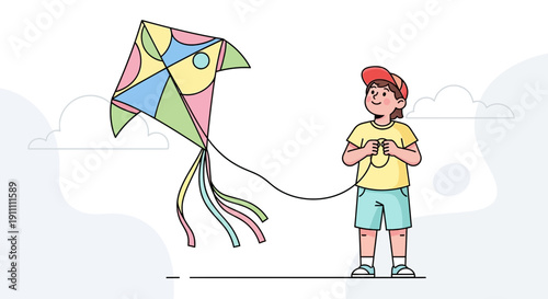 Joyful Child Flying Colorful Kite Outdoors on Cloudy Day Celebration