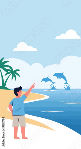 Joyful Man Points To Dolphins Leaping From The Ocean Waves At A Tropical Beach Paradise